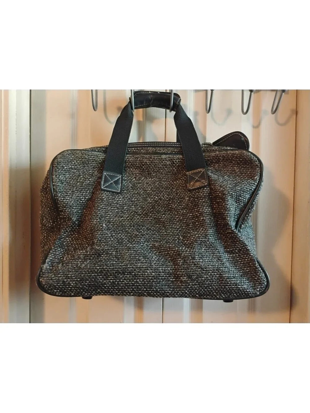 Vintage Jaguar Black & Grey Tweed Textured Satchel Handbag Faux Leather